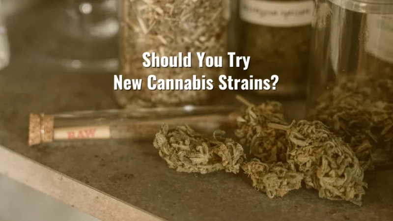 Dried cannabis buds and a pre-roll tube with text: "Should You Try New Cannabis Strains?"