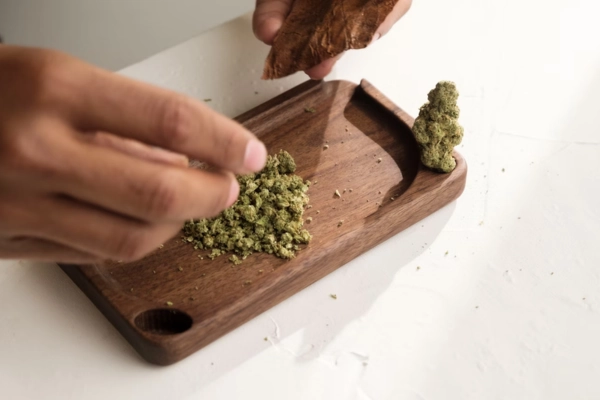 Close-up of hands preparing cannabis on a wooden rolling tray