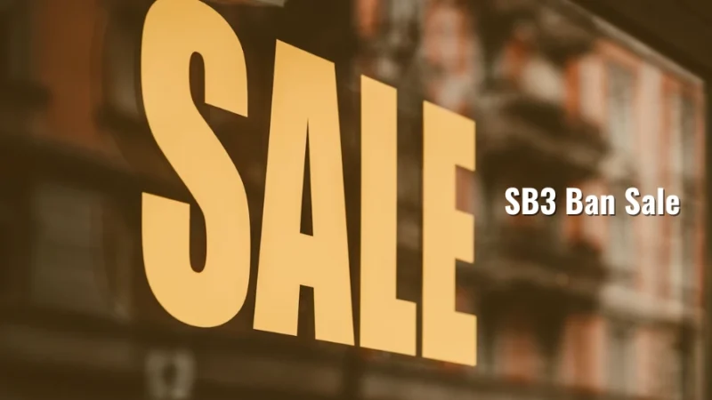 Large yellow sale sign on a shop window promoting SB3 Ban Sale