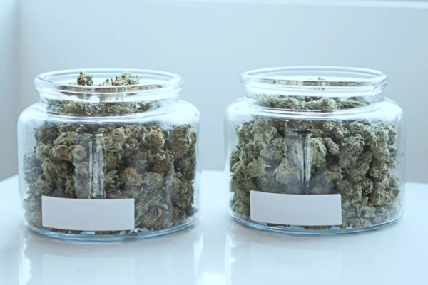 Two full jars of THCA flower on display