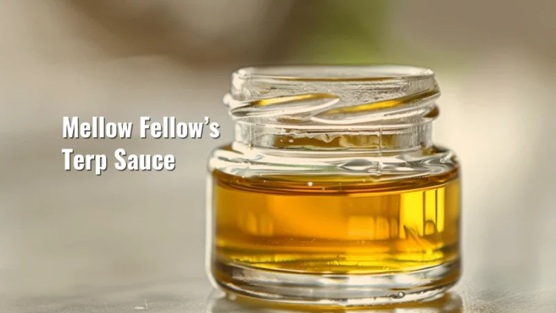 Glass jar filled with thick golden terp sauce concentrate and the title “Mellow Fellow’s terp sauce”