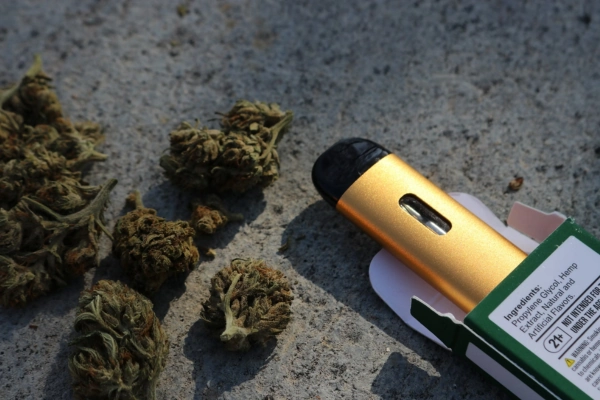 Loose cannabis buds placed on a stone surface next to a gold vape pen partially inside its green-and-white packaging