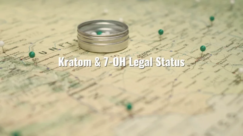 US map with pins showing kratom and 7-OH legal status