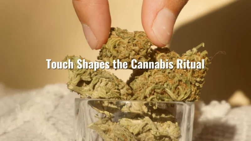 Close-up of fingers holding cannabis buds over a small glass container, with text overlay reading “Touch Shapes the Cannabis Ritual”