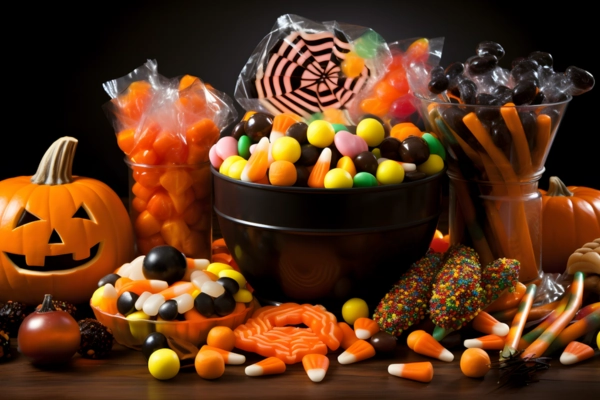 Assorted Halloween candies, pumpkin decorations, and colorful treats on a table, creating a festive snack setup for a Cannabis Halloween party