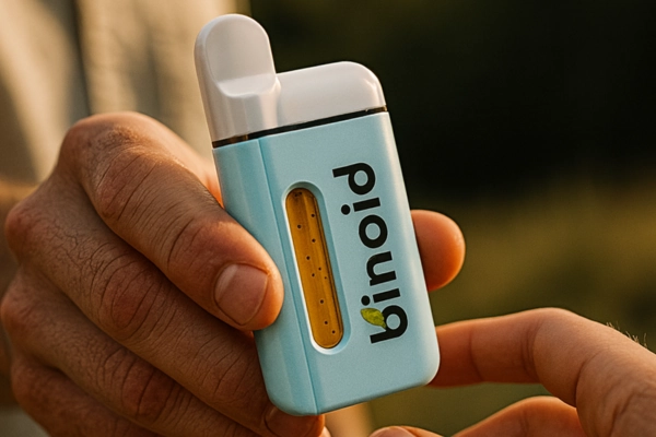Close-up of a light blue Binoid vape device being held outdoors