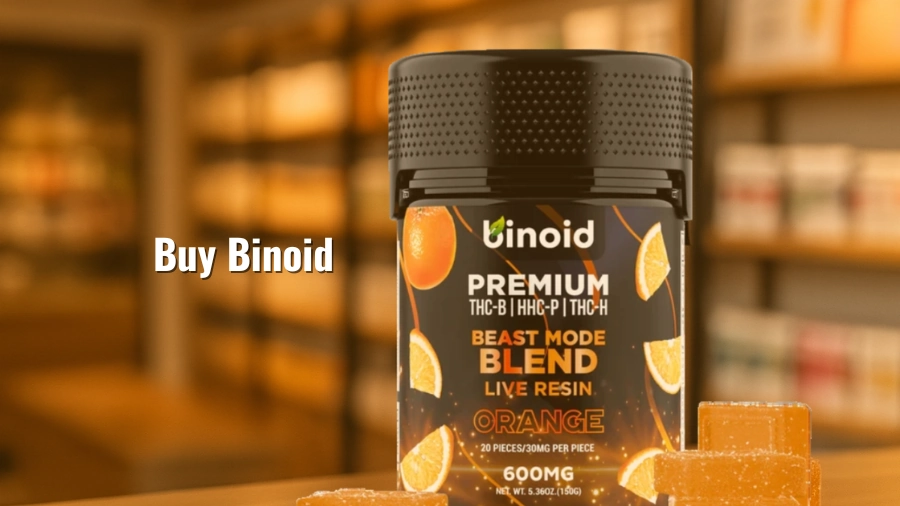 Binoid gummies bottle displayed on a wooden counter inside a dispensary and the title “Buy Binoid”
