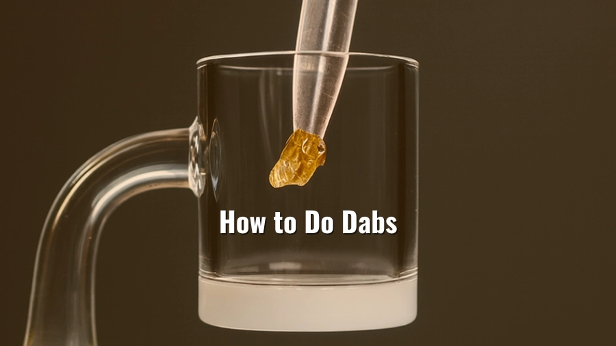 A small piece of amber concentrate held over a clean quartz banger and the title “How to do dabs”