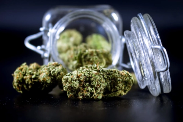 Close-up of THCA flower buds spilling out of a glass jar on a dark background