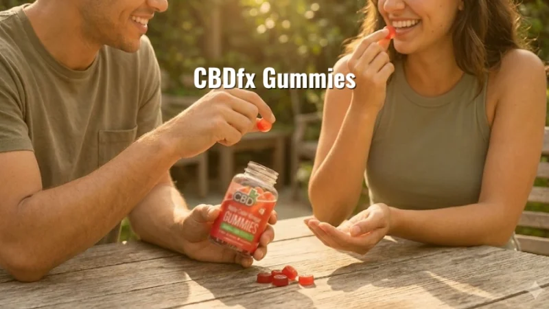 A couple sitting outside and enjoying CBD gummies together at a wooden table with the title “CBDfx gummies”