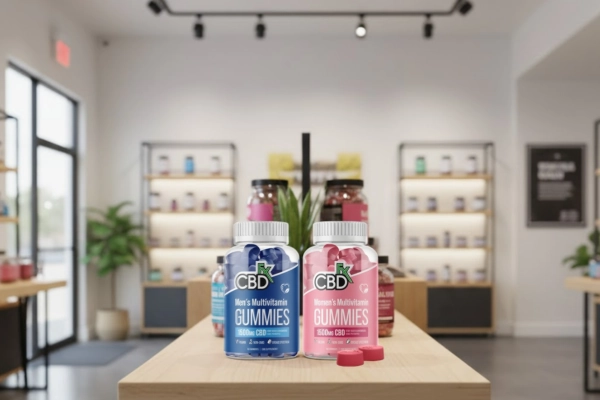 CBDfx men’s and women’s multivitamin gummies displayed on a wooden table inside a bright shop