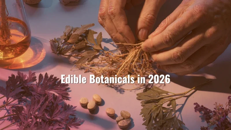 Hands arranging dried botanical roots and leaves on a table alongside small round tablets and the title “Edible Botanicals in 2026”