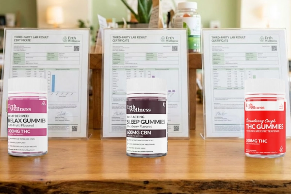 Erth Wellness Delta 9 gummies product lineup showing Relax, Sleep CBN, and Strain-Specific varieties with third-party lab result certificates