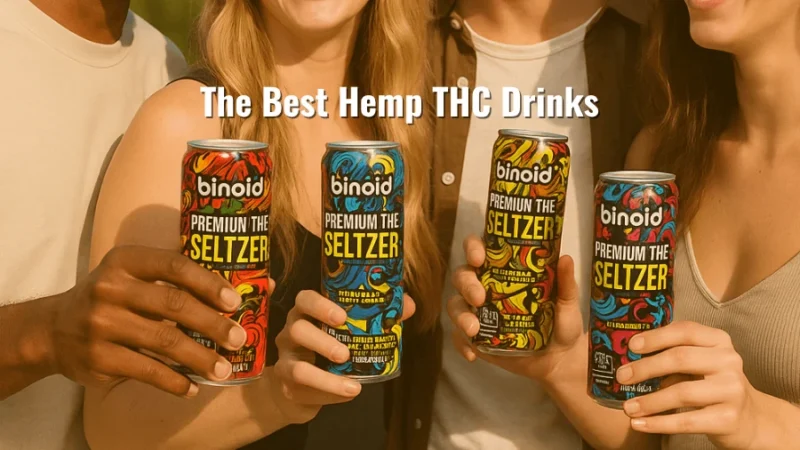 A group of 4 people celebrating with THC seltzer and the title "The best hemp THC drinks"
