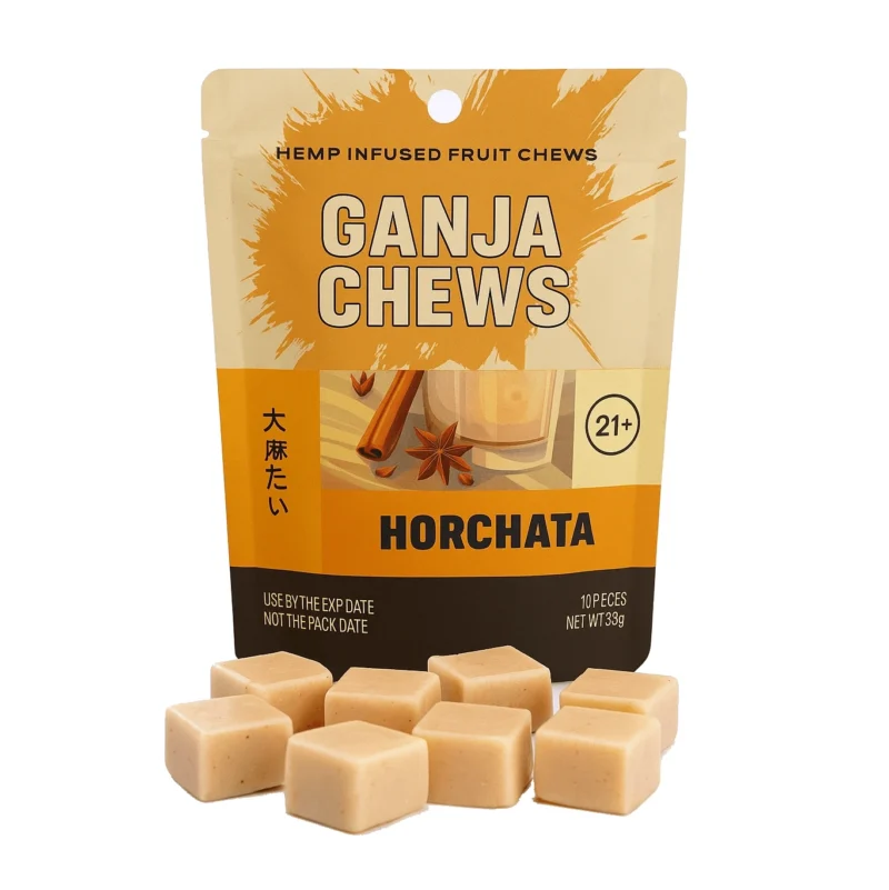 Ganja Chews Delta-9 THC Gummies Horchata flavor 100mg pack — hemp-derived edible with 11.76mg Delta-9 THC per piece, lab-verified by SC Laboratories