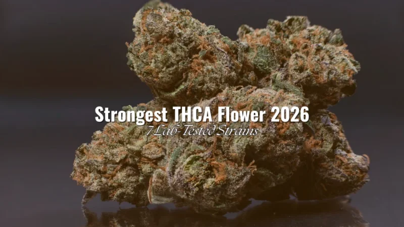 Close-up of dense THCA cannabis buds with “Strongest THCA Flower 2026 – 7 Lab-Tested Strains” text overlay