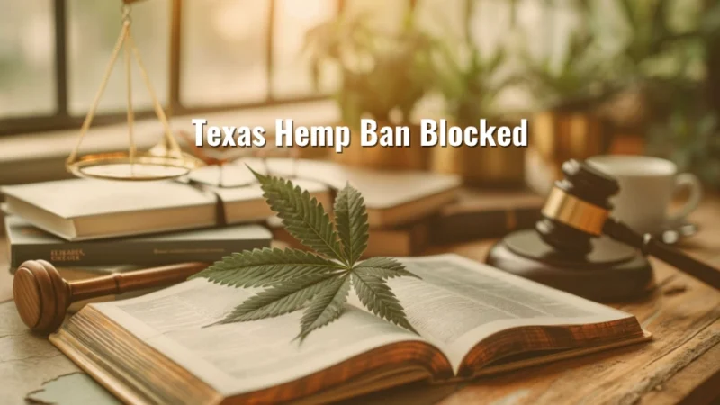 Cannabis leaf on open law book with judge gavel illustrating Texas hemp ban blocked and legal changes