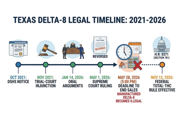 Timeline of Texas Delta-8 legal status from 2021 DSHS notice through May 28, 2026 Sky Marketing ruling