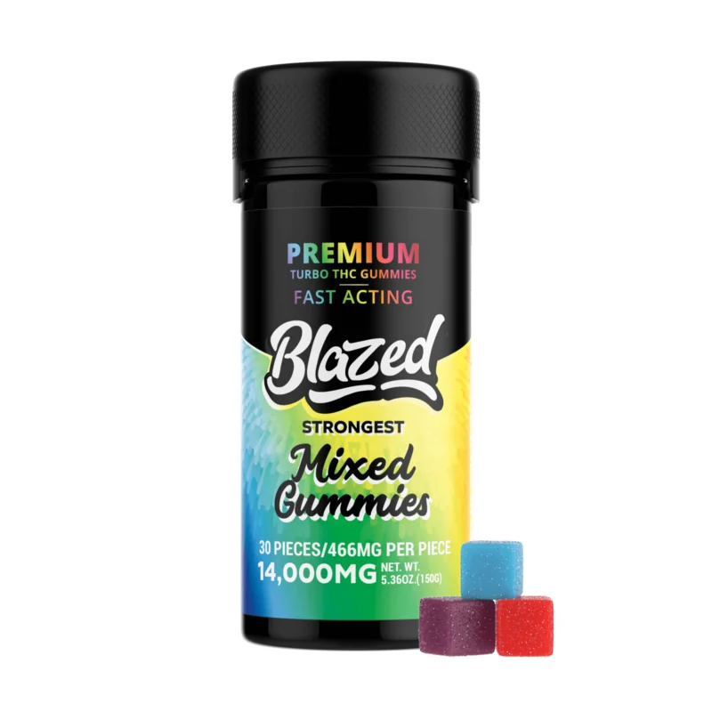 Blazed Turbo Mixed Flavors Delta-8 THC gummies with THC-P, assorted candy-fruit flavor variant package