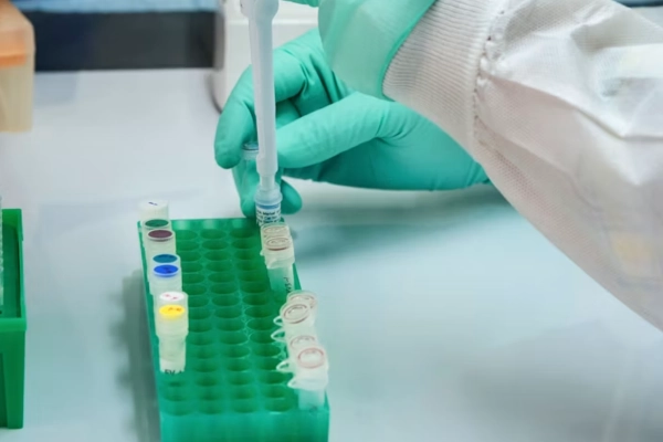 Laboratory technician handling sample tubes during cannabis and drug screening analysis
