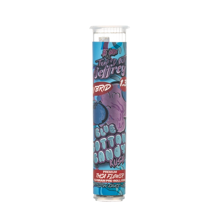 Hixotic Trap'd Out Jeffrey Blue Cotton Candy Kush hybrid infused pre-rolls, 216mg THCA per 1.3g pre-roll