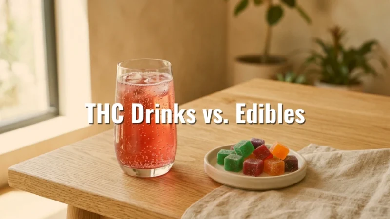 A glass of THC drink beside a plate of colorful gummies on a wooden table and the title THC Drinks vs Edibles